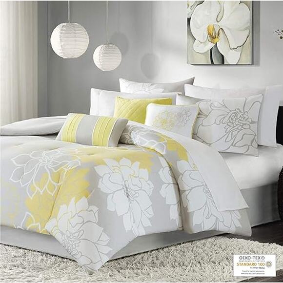 Madison Park Lola 7 Pieces California King Comforter Set Yellow Gray NEW - Picture 2 of 16